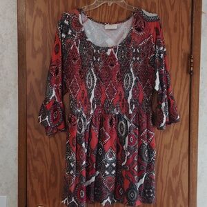 Bobbie Brooks Red and Black Patterned Smocked Tunic Top